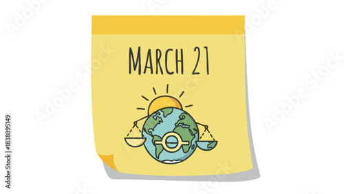A cheerful March 21st calendar reminder depicting the vernal equinox with earth in balance under a warm rising sun promoting global harmony and