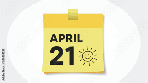 Bright April 21st Calendar Reminder with Smiling Sun Icon on a Yellow Sticky Note, Symbolizing a Cheerful Day Ahead for Planning and Productivity