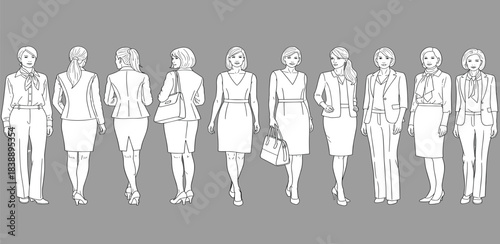 Fashion Models Walking in Professional Attire, Urban Environment, Illustration Style, Confident Presence
