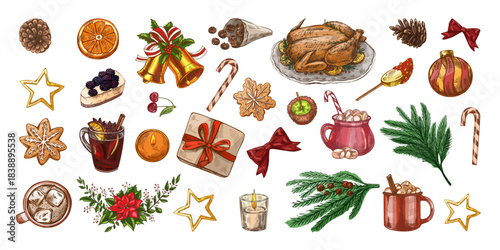 Hand drawn vintage set of traditional Christmas food, sweet drinks and holiday decorations in colored version, vector illustration