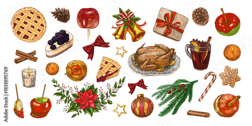 Hand drawn vintage set of Christmas food, drinks, desserts and festive decorations in colored style, vector illustration