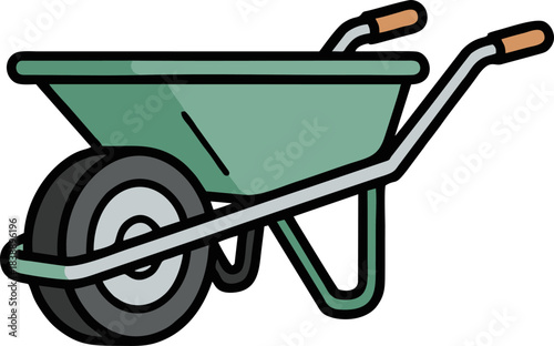 Green Wheelbarrow with Single Wheel and Orange Handles.