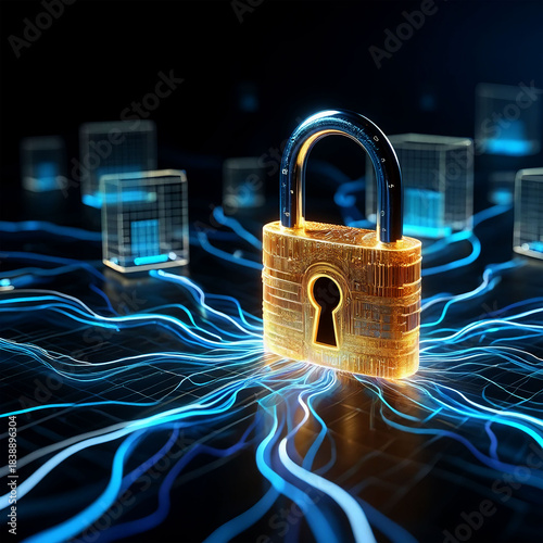 Digital padlock securing glowing data streams and futuristic cubes