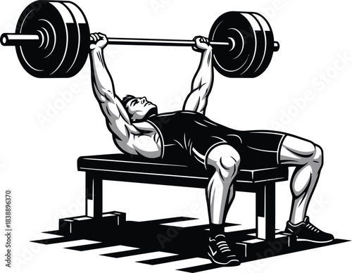 Bench Press Weightlifting Illustration – Strong Athlete Lifting Barbell on Gym Bench