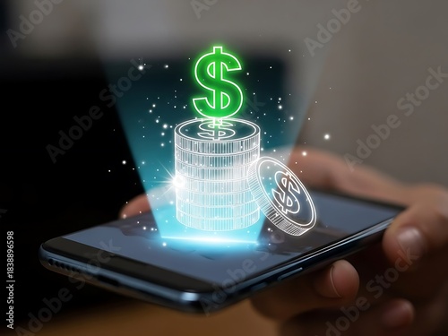 Wallpaper Mural Smartphone with Holographic Dollar Sign and Coins Projection. Concept of Mobile Banking, Digital Money, and Financial Technology. Torontodigital.ca