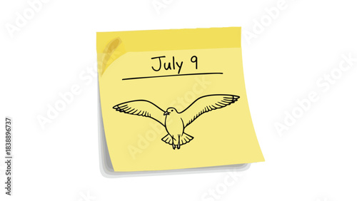 Vibrant yellow sticky note with 'July 9' and an elegant flying bird illustration on a crisp white background, perfect for summer dates or daily