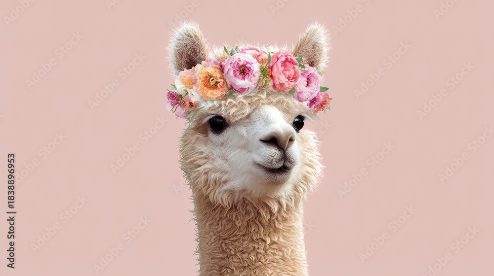 Naklejka premium Whimsical close-up portrait of alpaca with floral crown on soft pink background