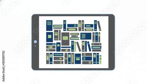 Digital library and e-learning concept vector illustration. Stylized books on a tablet screen. Minimalist flat design for online education