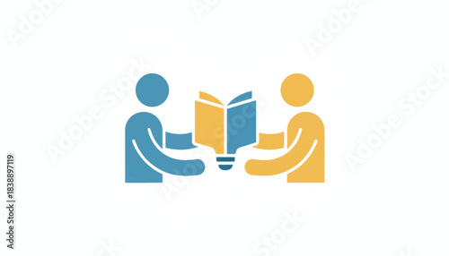 Knowledge sharing and education icon. Minimalist flat design vector illustration of people sharing a book shaped like a lightbulb
