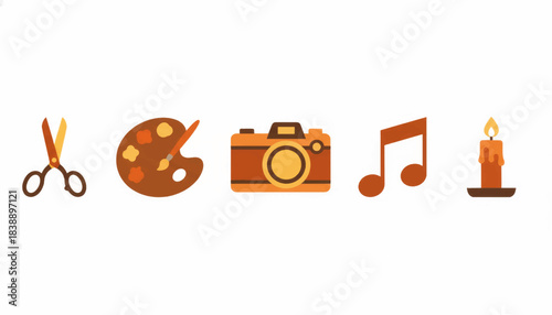 A flat icon set for creative hobbies and slow living. Vector symbols for art, crafts, photography, and music isolated on a white background