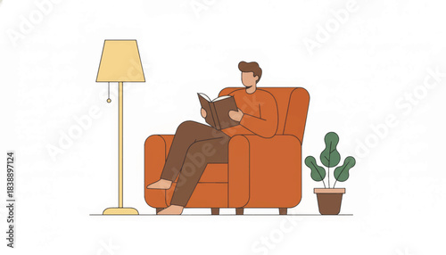 Person reading a book in a comfortable armchair at home. Slow living and leisure hobby concept. Minimalist flat design vector illustration