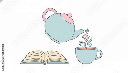 Minimalist illustration of a tea break with a book. Slow living and reading concept with a teapot and cup. Simple line art vector graphic