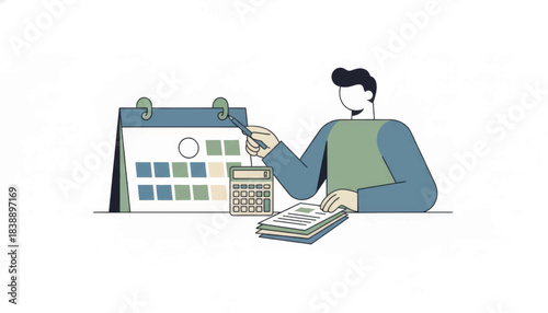 Man planning finances with a calendar and calculator. Minimalist flat design vector illustration. Concept of budgeting and tax preparation