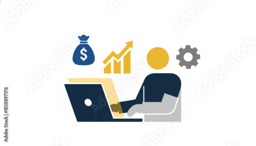 Business management and fintech vector illustration. A minimalist icon of a person working on a laptop with growth chart and money symbols. Flat design concept for productivity and finance