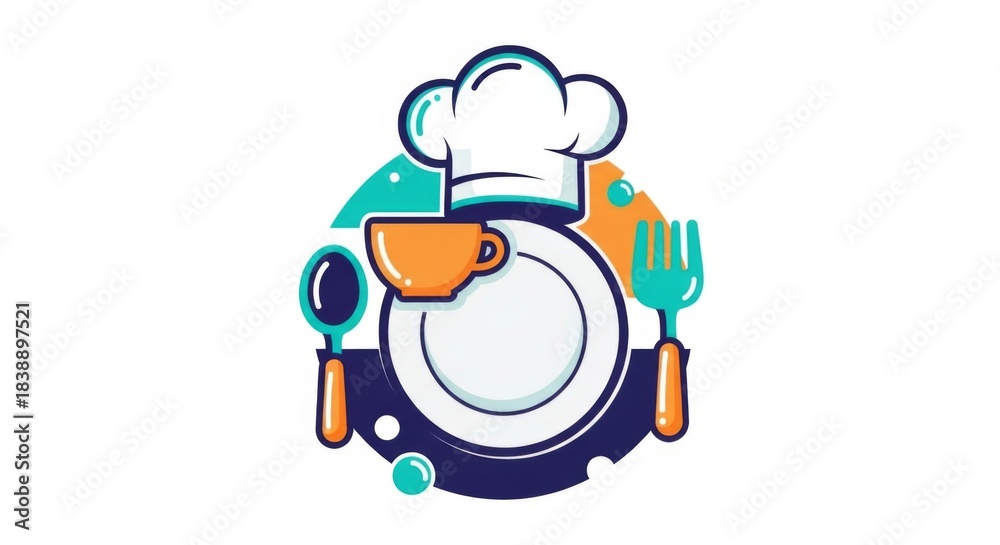 Fototapeta premium Chef hat, plate, and utensils food illustration