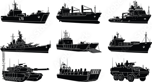 Military ship silhouettes, armored vehicles, naval fleet illustration, combat transport assets, defense equipment grid, war machines, tactical icons, army tools