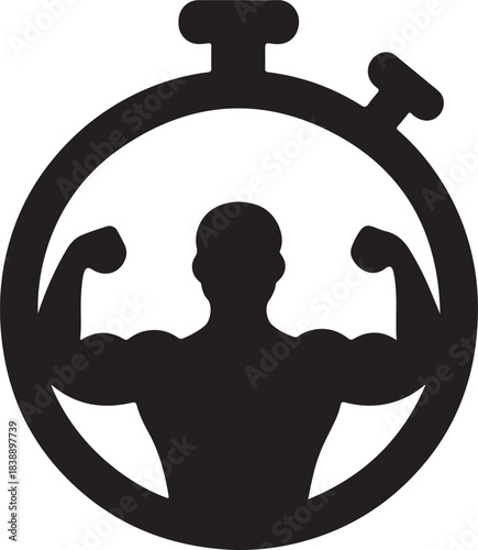 Muscular person flexing in stopwatch icon for fitness workout
