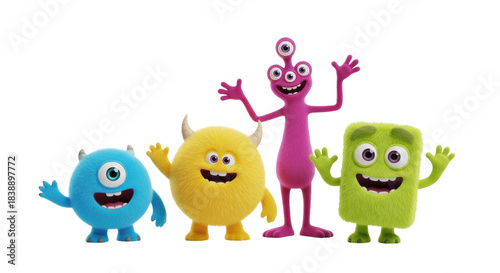 four distinct, colorful, furry 3d cartoon monsters cheerfully waving at the viewer, rendered against a transparent background with copy space. concept of playful brand mascots