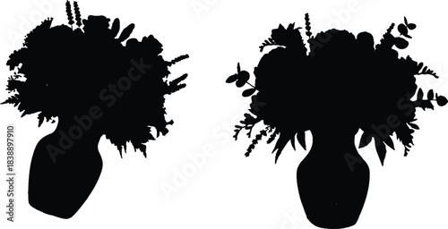 Together, the juxtaposition of the leaning and upright vases creates a visual contrast that engages the viewer. The black silhouettes allow for personal interpretation,