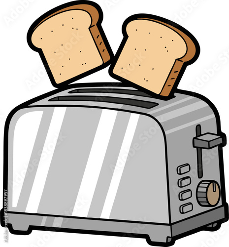 Toaster with two slices of bread popping out, ready to eat.