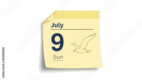 A cheerful minimalist illustration of a July 9th calendar reminder featuring a soaring coastal bird