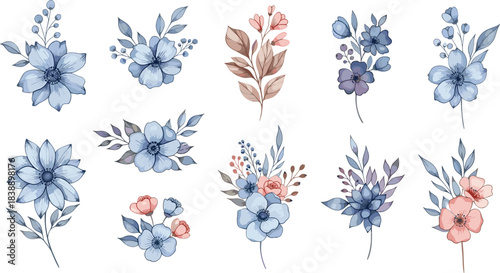 Elegant watercolor floral bouquet collection featuring soft blue and pastel blossoms, delicate leaves, botanical elements, hand-drawn aesthetic perfect for decorative vector artwork
