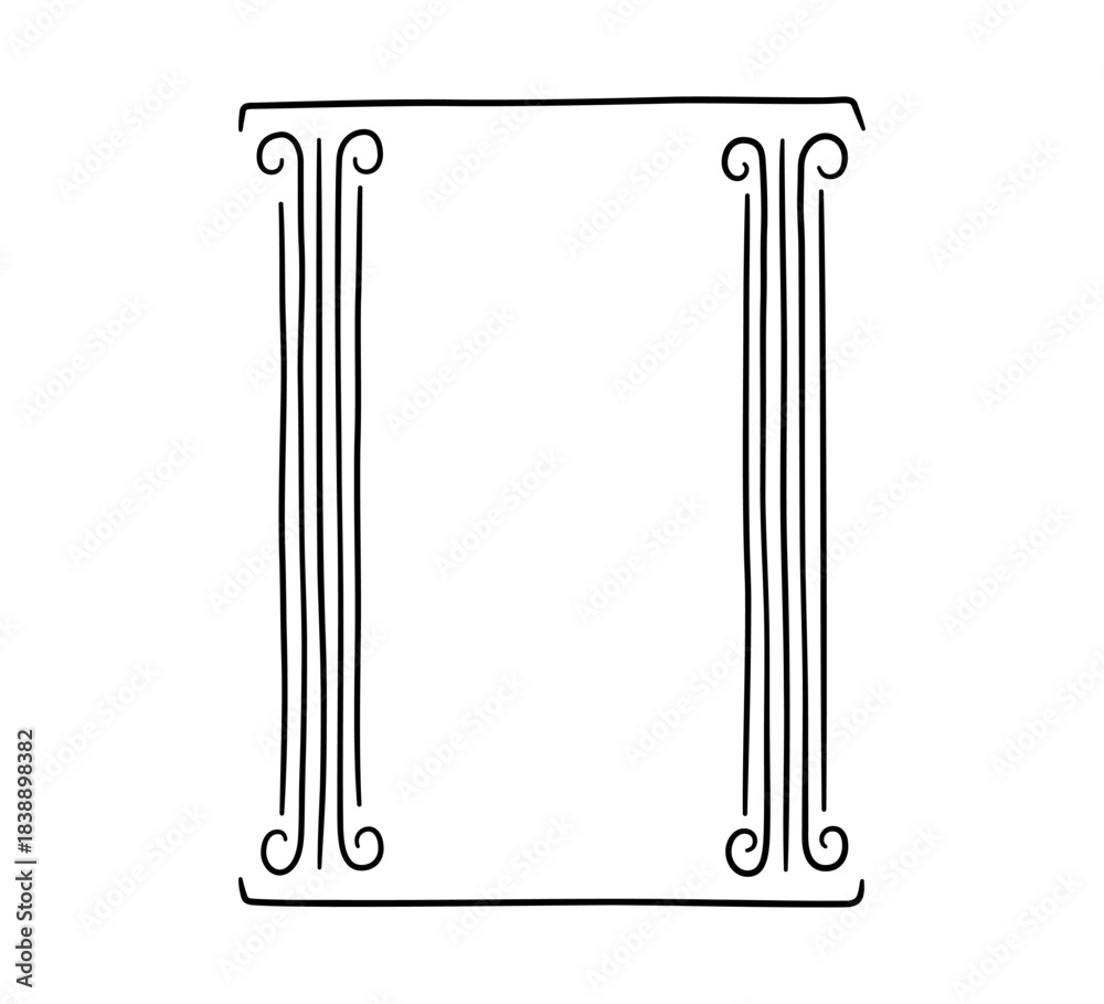 Naklejka premium Antique Greek doodle frame. Hand drawn Roman pillar and Greek column. Ancient museum doodle icon. Hand drawn line border and frame. Vector illustration isolated on white background.