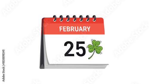 Calendar page displaying February twenty-fifth with a vibrant green shamrock for luck and special dates, a clear graphic representation of time and