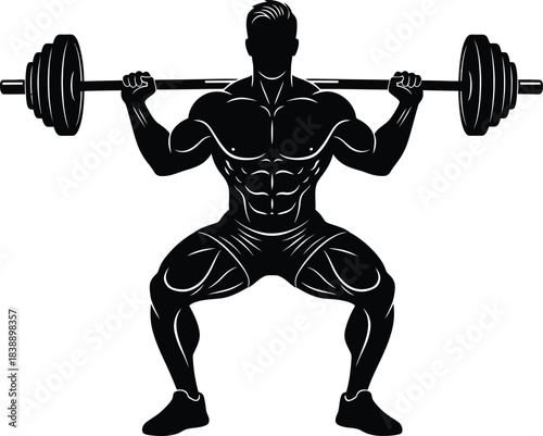 Muscular Athlete Squatting with Barbell Silhouette Fitness Illustration