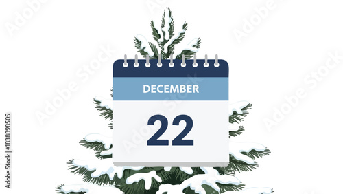 Winter calendar highlight vector illustration featuring December 22nd date page with beautifully snow-covered fir tree branches. A festive and