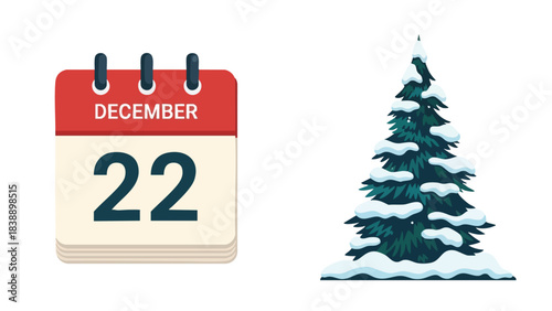 Illustrated calendar icon displaying December 22nd alongside a beautiful snow-dusted evergreen fir tree signifying upcoming winter holidays and