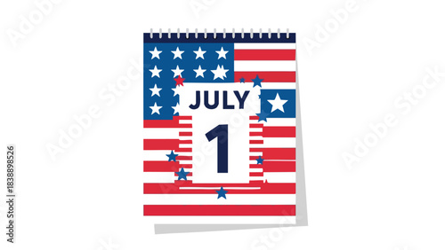 Patriotic calendar page displaying July first against a backdrop of the American flag with stars