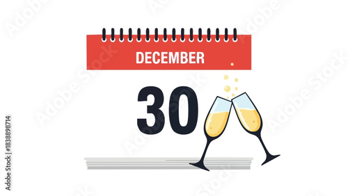 A calendar showing December 30th with champagne glasses toasting, representing celebration and anticipation of the new year and festive end-of-year
