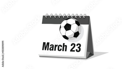 A clean illustration features March 23 on a calendar with a soccer ball. This signifies a sports event date or athletic reminder, aiding event