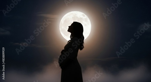 Silhouette of a pregnant woman under the moonlight