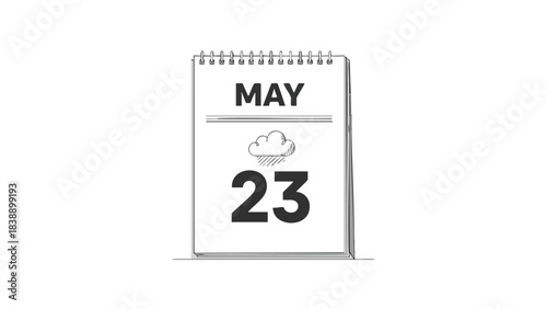 Hand-drawn calendar page showing May 23rd with a rain cloud icon on a simple white background