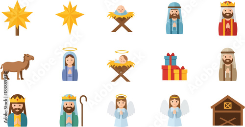 Epiphany icons showing Magi, gifts, star of Bethlehem, camel, manger, shepherds, and Christian celebration elements.
