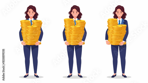 Three cartoon businesswomen holding large stacks of gold coins, representing wealth and financial success.