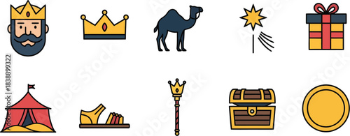 Epiphany icon collection featuring crowns, tent, shepherd staff, camel, star, gifts, coins, and symbols.