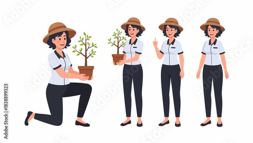 A woman gardener in a hat and uniform tending to plants, showing different poses.
