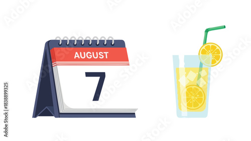 Detailed illustration showing an august seventh calendar page alongside a refreshing glass of iced lemonade, perfect for summer event planning and