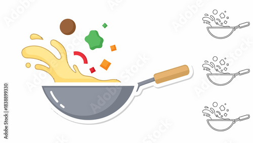 A wok tossing stir-fry ingredients with a splash of sauce and vegetables.