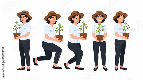 A sequence of a woman gardener in various poses holding a small potted plant, demonstrating planting or caring for nature.