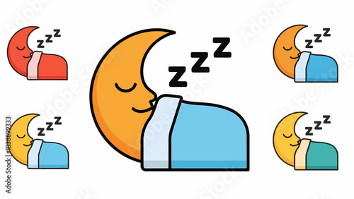 Cartoon illustration of multiple sleeping crescent moons under blankets with Zzz symbols, depicting rest, bedtime, and peaceful dreams.