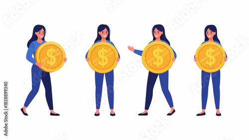 Four cartoon women smiling and holding large golden dollar coins, representing finance and investment.