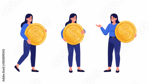 Three women in various poses holding large golden dollar coins, symbolizing financial concepts.