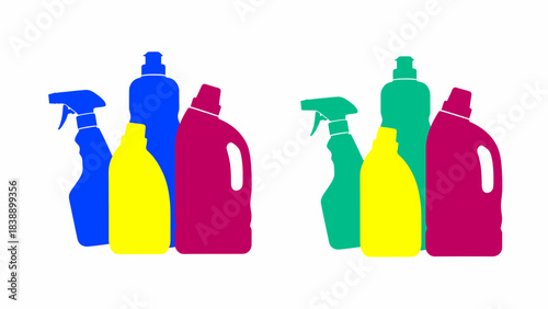 Graphic illustration of colorful cleaning product bottles in two groups on a white background.