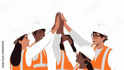 Diverse team of construction workers or engineers high-fiving, symbolizing teamwork and collaboration.