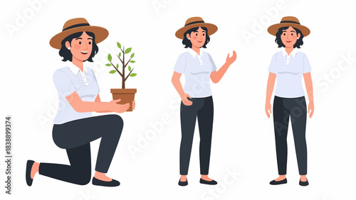 A woman in a hat holding a potted plant and standing in various poses.