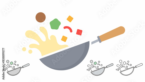 Flat design illustration of a wok tossing various food ingredients with a liquid splash.